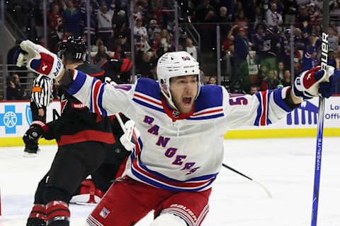 Rookie Will Cuylle celebrates his first Stanley Cup Playoffs goal