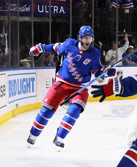 Trouba celebrating his SHG in Game Five of the Rangers' second series vs. Carolina