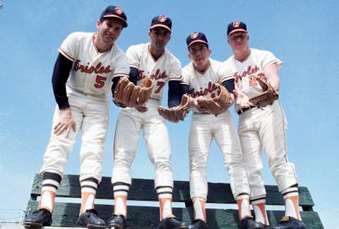 (Left to right) Brooks Robinson, Chico Fernandez, Davey Johnson, Boog Powell