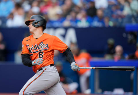 Baltimore Orioles v Toronto Blue Jays: Orioles first baseman Ryan Mountcastle gets a hit against the Toronto Blue Jays