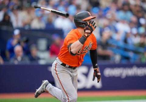 Baltimore Orioles v Toronto Blue Jays: Orioles designated hitter Ryan O'Hearn flips the bat after hitting a three run home run against the Blue Jays