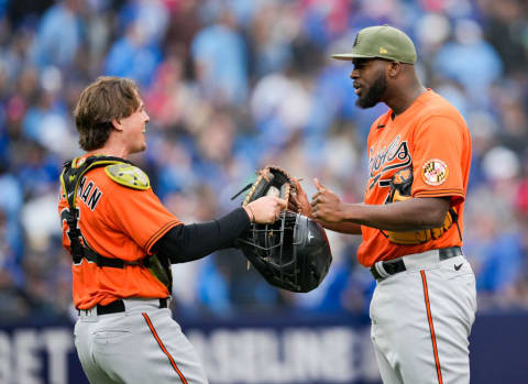 Baltimore Orioles v Toronto Blue Jays: Orioles closer Félix Bautista greets Adley Rutschman after a win against the Toronto Blue Jays