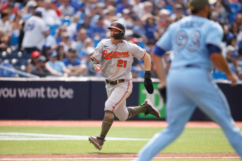 Baltimore Orioles v Toronto Blue Jays: Orioles utility player Terrin Vavra scores on a Cedric Mullins double against the Toronto Blue Jays