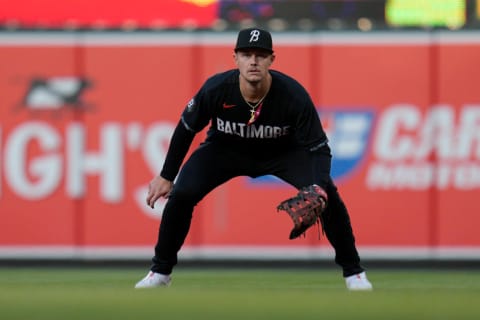 Texas Rangers v Baltimore Orioles: Orioles first baseman Ryan Mountcastle waits for the pitch to be thrown against the Texas Rangers at first base