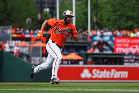 Kansas City Royals v Baltimore Orioles: Orioles outfielder Anthony Santander runs to home plate to score a run against the Kansas City Royals