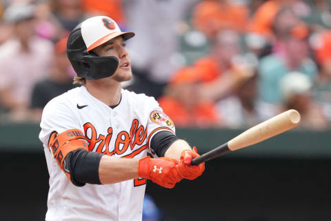 Kansas City Royals v Baltimore Orioles: Orioles shortstop Gunnar Henderson admires a long home run in the seventh inning against the Royals