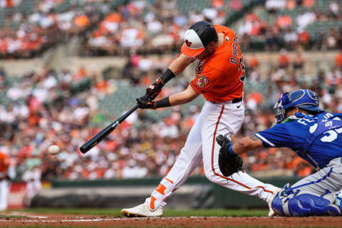 Kansas City Royals v Baltimore Orioles: Orioles first baseman Ryan O'Hearn hits a baseball against the Kansas City Royals at home