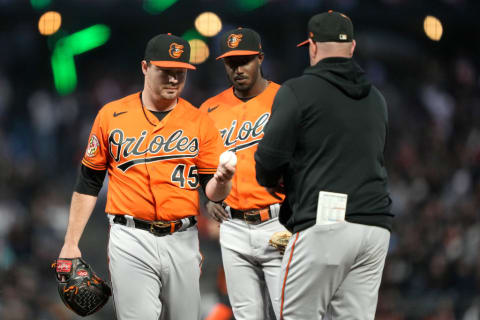 Baltimore Orioles v San Francisco Giants: Orioles relief pitcher Keegan Akin hands the ball to Brandon Hyde after being pulled from a game