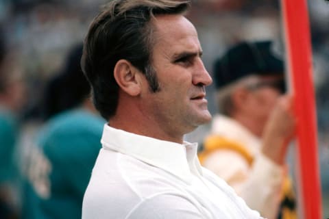 Don Shula, Closeup. Coach of the Miami Dolphins, before the NFL football game against the Baltimore Colts at the Orange Bowl before it was demolished. This photo is from the Perfect Season of 1972.