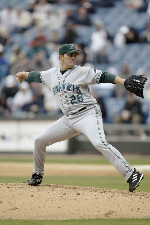 Danys Baez makes a pitch against the Chicago White Sox.