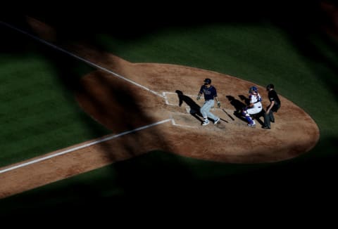 Wilson Ramos hits in a game at Citi Field in July of 2018.