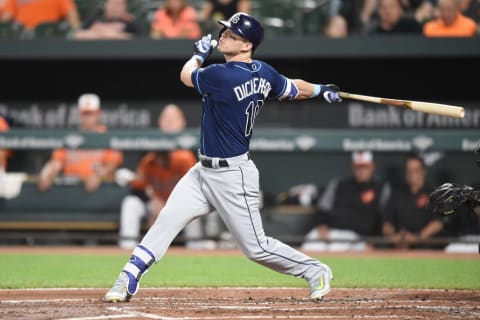 Corey Dickerson takes a swing at Camden Yards.