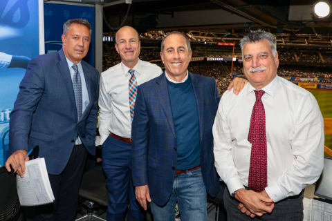 SNY's Ron Darling, Gary Cohen and Keith Hernandez — pictured with Jerry Seinfeld — are entering their 17th year calling Mets games together.