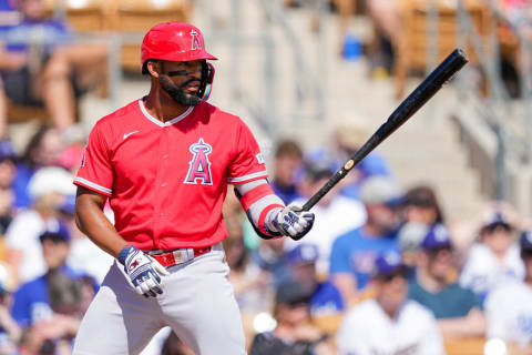 Jo Adell bats versus The Los Angeles Dodgers