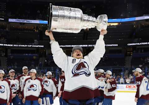 Nico Sturm hoists the Stanley Cup as a member of the Avalanche in 2022.