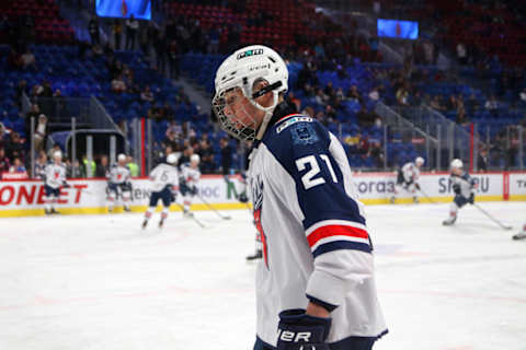 Torpedo Hockey Club player, Anton Silayev (21) seen in...