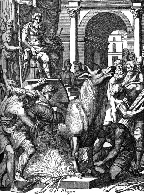 'Perillus condemned to the bronze bull by Phalaris', 16th century, (1870). Artist: Pierre Woeiriot