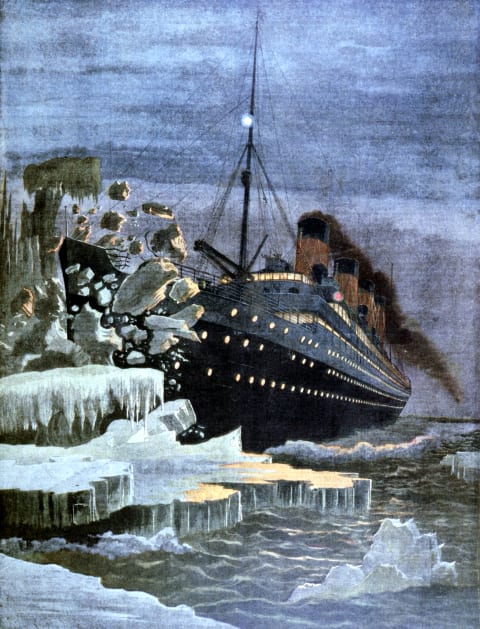 The 'Titanic' colliding with an iceberg, 1912.