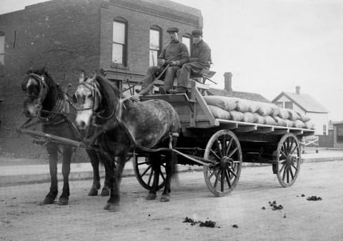 Two delivery men sit atop a horse drawn wagon, ca. 1900