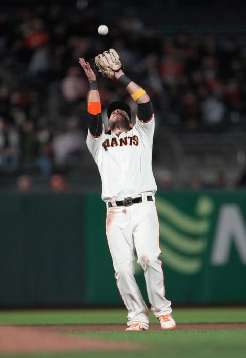 A routine fly caught by Brandon Crawford of the San Francisco Giants.