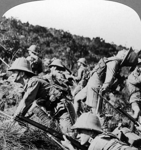 British infantry charging German positions, East Africa, World War I, 1914-1918.