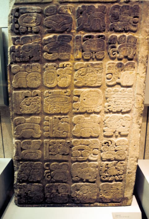 Mayan lintel listing the nine generations of rulers at Yaxchilan, 450-550.