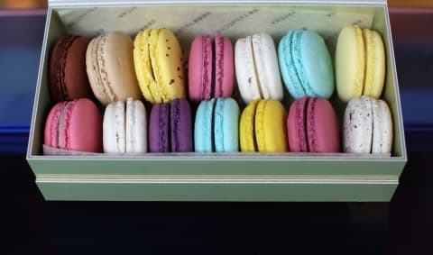 An assortment of colorful macarons.