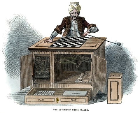 A 19th-century illustration shows an automaton—an early kind of robot—playing chess.