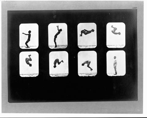 Eadweard Muybridge's photographs of a man doing a back flip on a trampoline in eight frames.