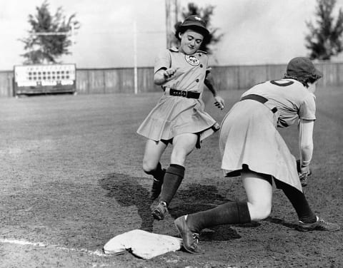 Kenosha Comets Shirley Jamison (left) and Ann Harnett during practice in 1943.