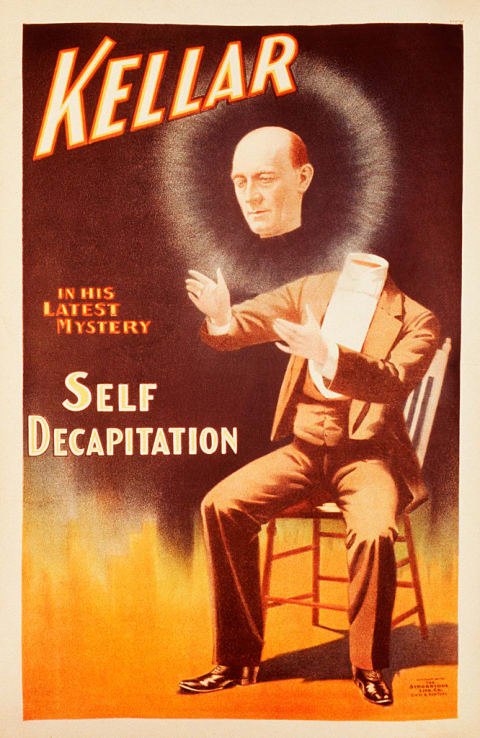 A theater poster showcasing magician Harry Kellar's latest trick—self-decapitation