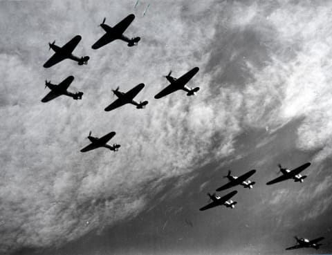 Hawker Hurricanes flying in formation, Battle of Britain, World War II, 1940.