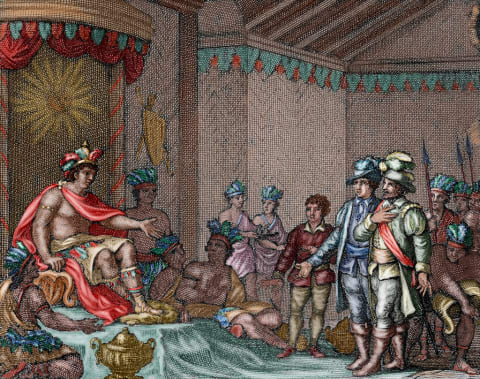 Submission of Atahualpa. Colored engraving, 1807.