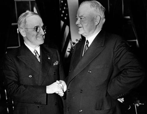 Harry Truman (left) and Herbert Hoover in 1945.