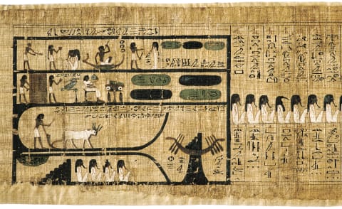 Ancient Egyptian Book of the Dead on papyrus showing written hieroglyphs.