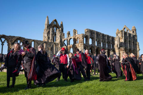 People Dressed As Vampires Attend A Guinness World Record Attempt At Whitby Abbey.