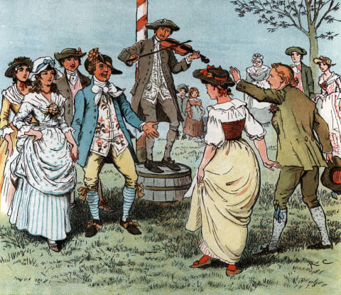 A May Day celebration illustrated by 19th-century artist Randolph Caldecott.