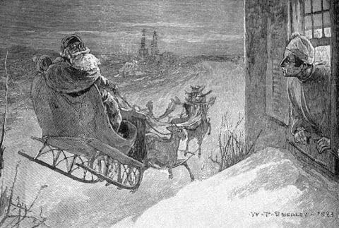 19th-century print of Santa Claus driving a sleigh.