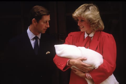 Princess Diana and King Charles III with newborn Prince Harry.