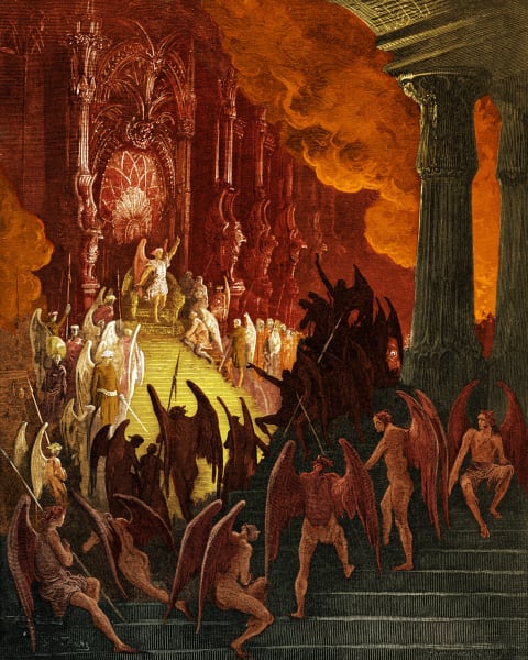 Engraving by Gustave Doré of 'Paradise Lost,' featuring Satan in his palace in Pandaemonium.