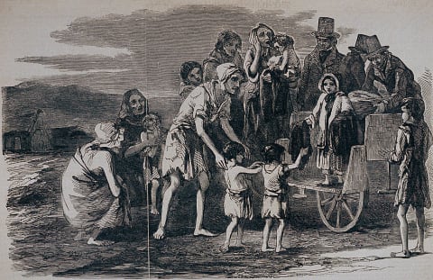 Irish famine victims receiving help.