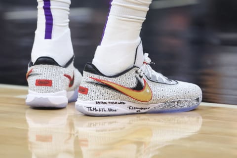 A detail shot of the shoes worn by LeBron James during the game on January 7, 2023.