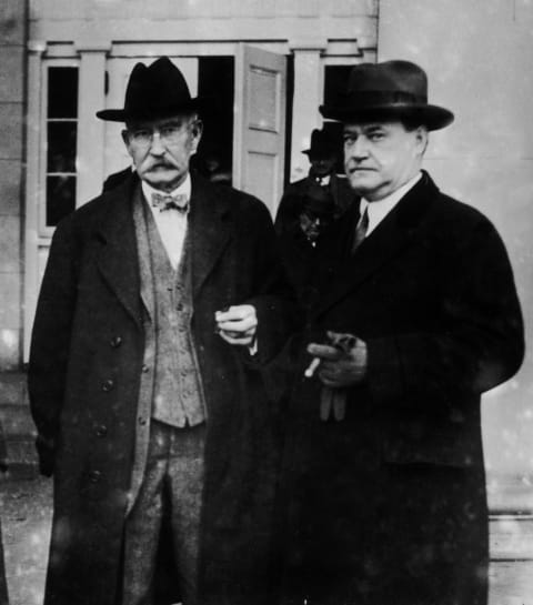 Harry Sinclair with Albert Fall during their trial in connection to the Teapot Dome Scandal.