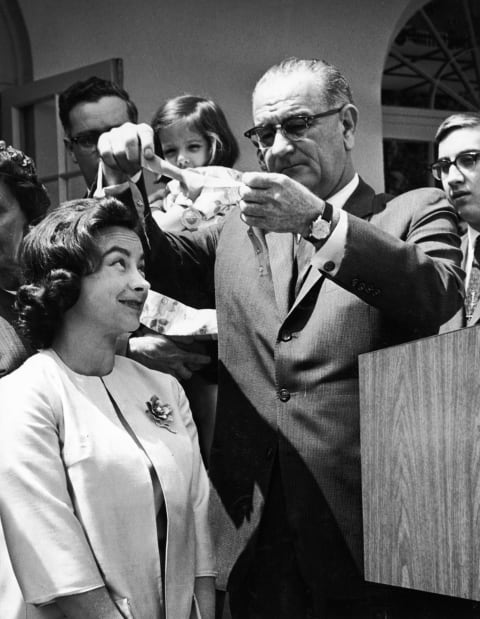 U.S. President Lyndon B. Johnson awarding the Federal Aviation Agency's Gold Medal Award to Jerrie Mock.