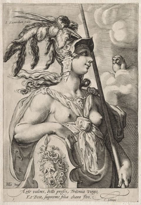 An engraving of Athena and an owl, circa 1595.