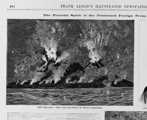 A newspaper illustration of the eruption of Mount Tarawera.