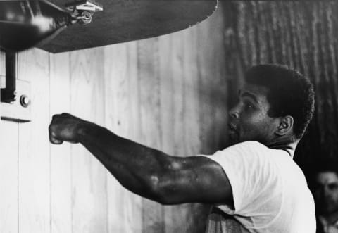 Ali hits the speed bag.