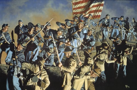 Black Union soldiers fight Confederate forces at Fort Wagner