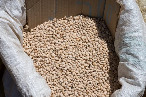 Dried beans for sale in a market.