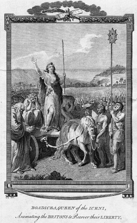 An illustration of Boudica speaking to the Britons.